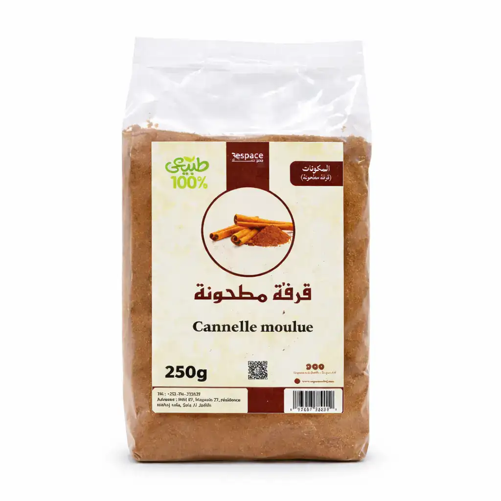 Cannelle moulue 100 % naturelle, au parfum intense et à la texture fine. Idéale pour pâtisserie, desserts, boissons chaudes et recettes traditionnelles marocaines.